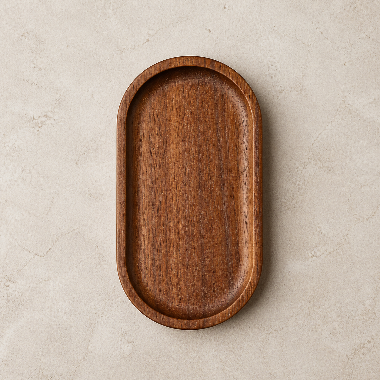 Top view of the empty 18 x 10 cm oblong wood tray with a plain base and raised rim