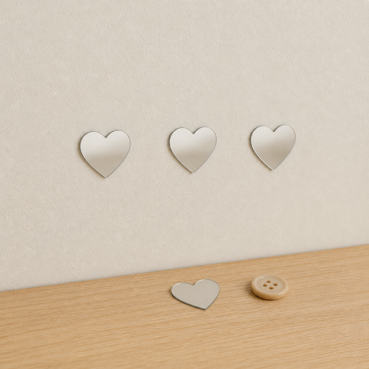 Thin 2 cm frameless silver heart mirror stickers shown beside a small button for scale
