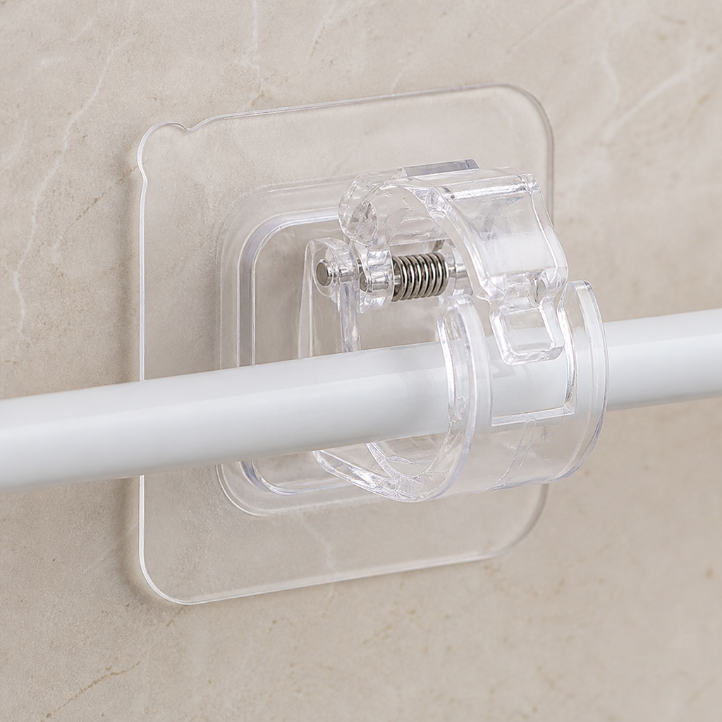 Transparent curtain rod clamp with square adhesive plate, spring jaw and curved cradle