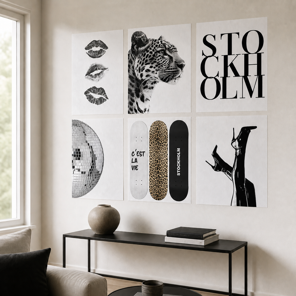 Six unframed abstract canvas print sheets displayed above a living room console