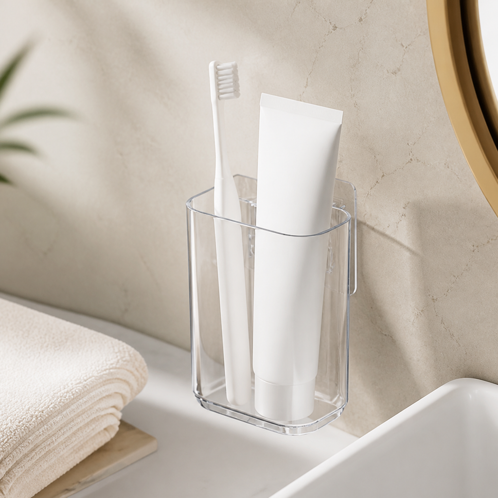 Transparent single-compartment toothbrush cup mounted beside a warm neutral vanity