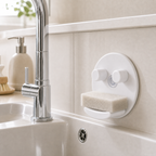 White smiley-face sponge holder with a plain sponge resting on its curved ledge