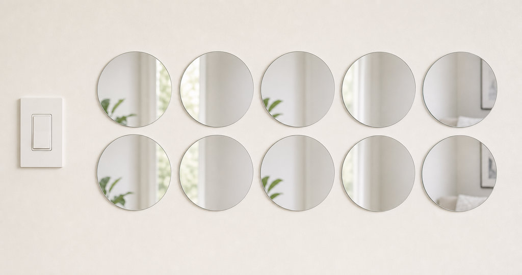 Ten identical 12 cm round acrylic mirror wall stickers beside a light switch