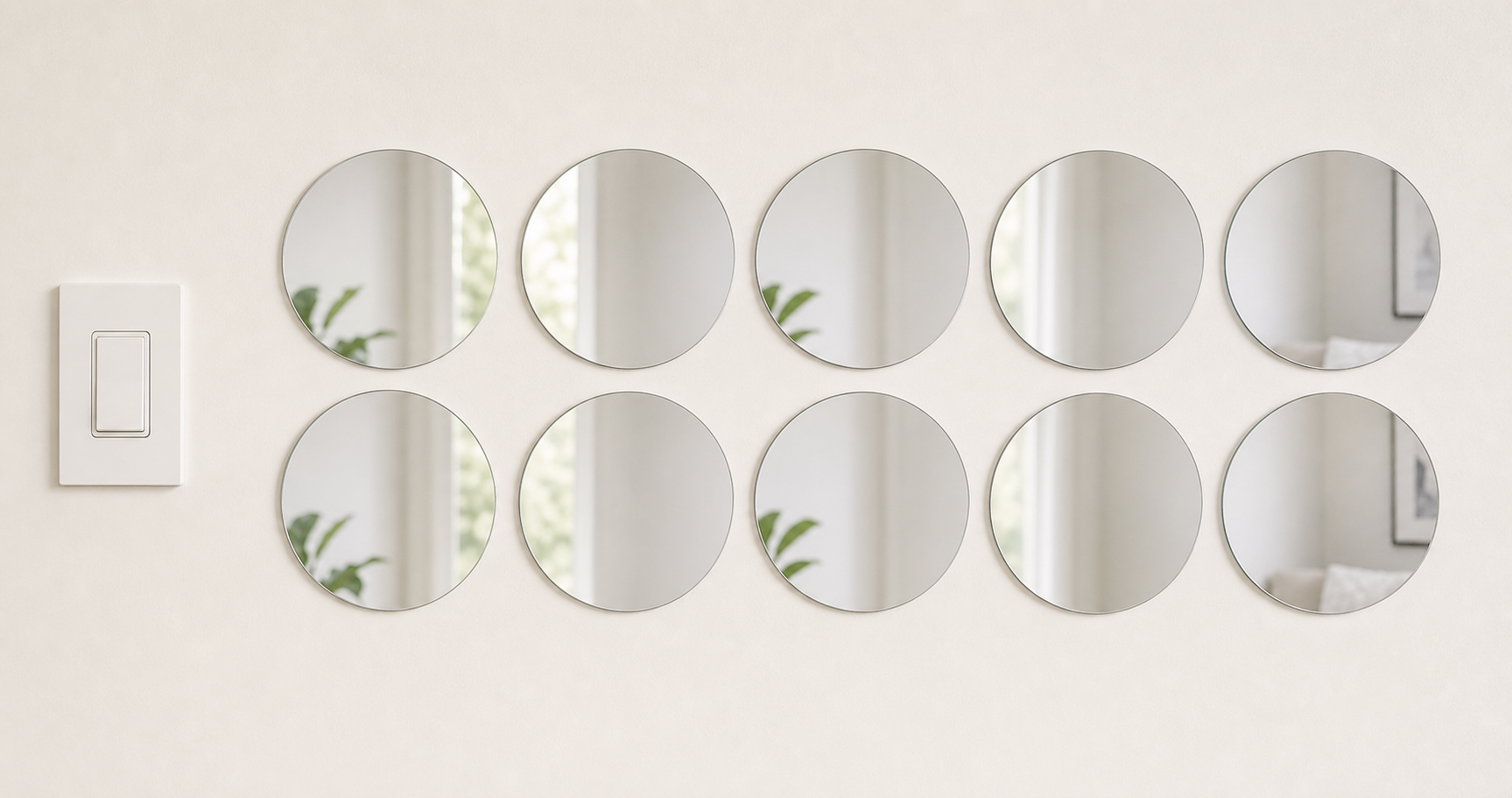 Ten identical 12 cm round acrylic mirror wall stickers beside a light switch
