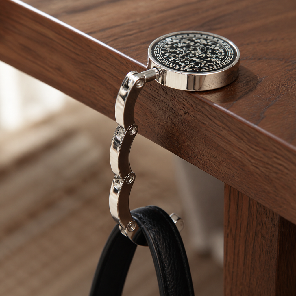 Close view of the articulated silver links on an ornate black floral purse table hook