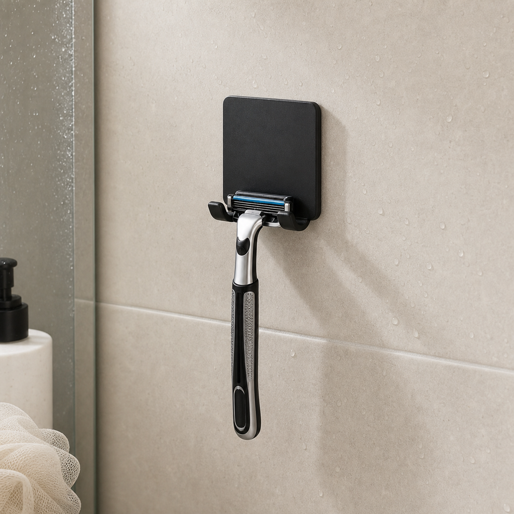 Cozy Haven Black Adhesive Razor Holder - shower wall lifestyle