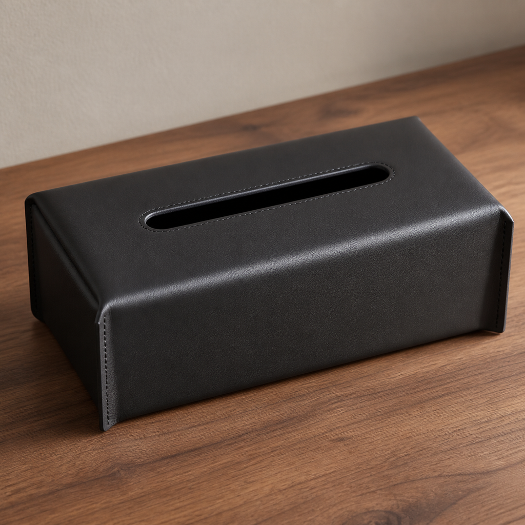 Close view of the black tissue cover's smooth grain, stitched ends, and narrow top slot