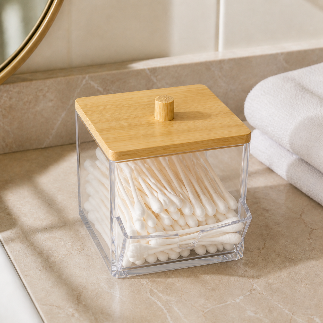 Close view of the clear front opening and bamboo lid on a cotton-swab dispenser