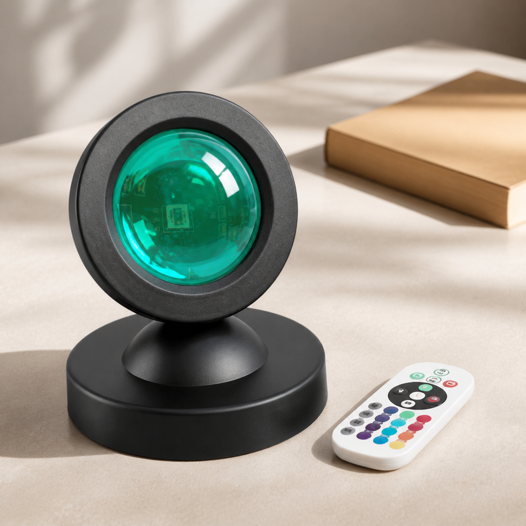 Daylight detail of black circular ambient light projector with vivid teal-green optic and white remote