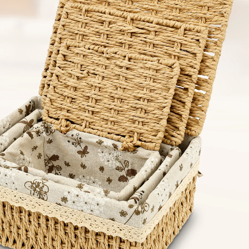 Cozy Haven 3-Piece Lidded Rattan Storage Basket Set - exact 3-piece lidded woven basket set image 3