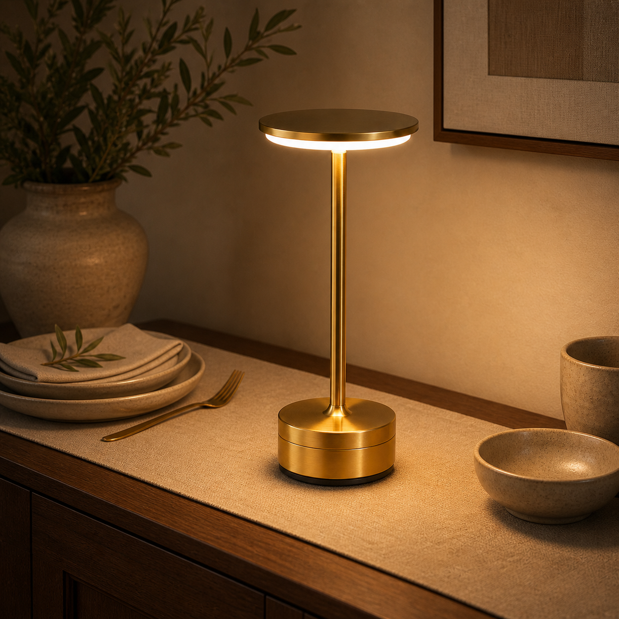 Cozy Haven Gold Cordless LED Table Lamp on a dining sideboard