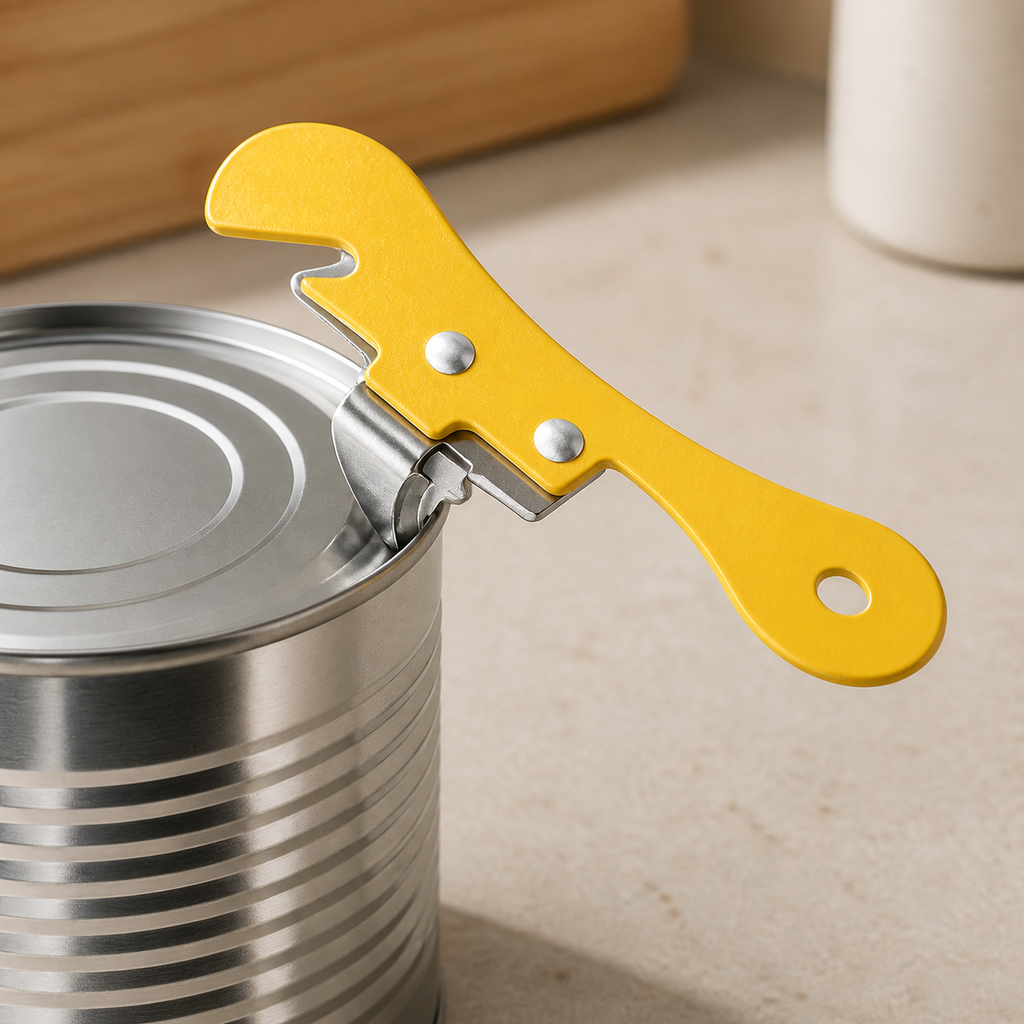 Yellow manual opener positioned at the rim of a metal food can