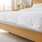 Three pink round bedding fastener buttons installed along the edge of a white duvet