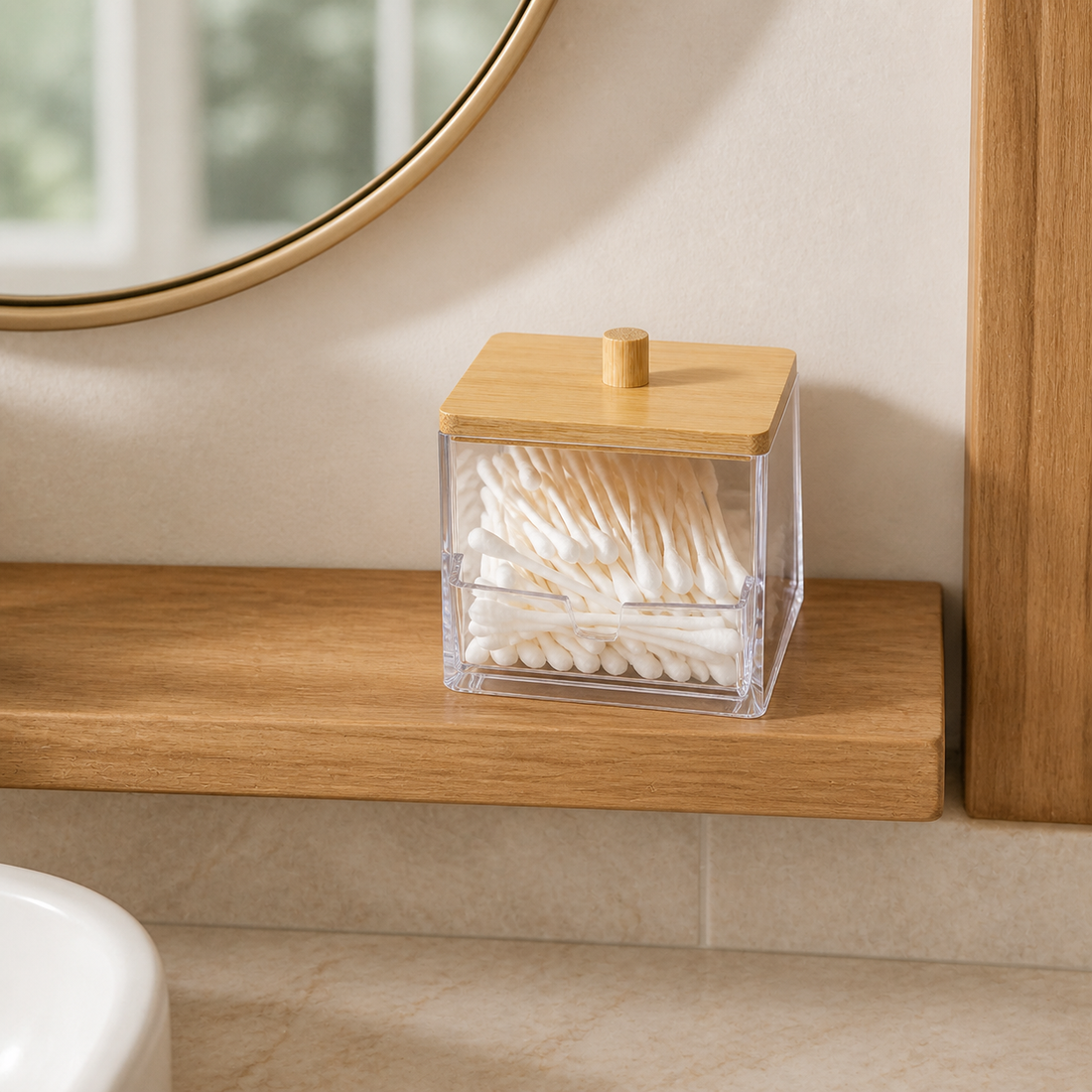 Cozy Haven Clear Bamboo-Lid Cotton Swab Dispenser