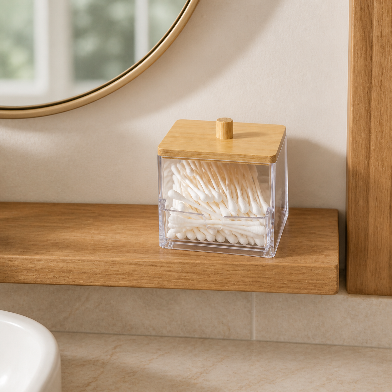 Compact clear cotton-swab dispenser with bamboo lid on a warm wood bathroom shelf
