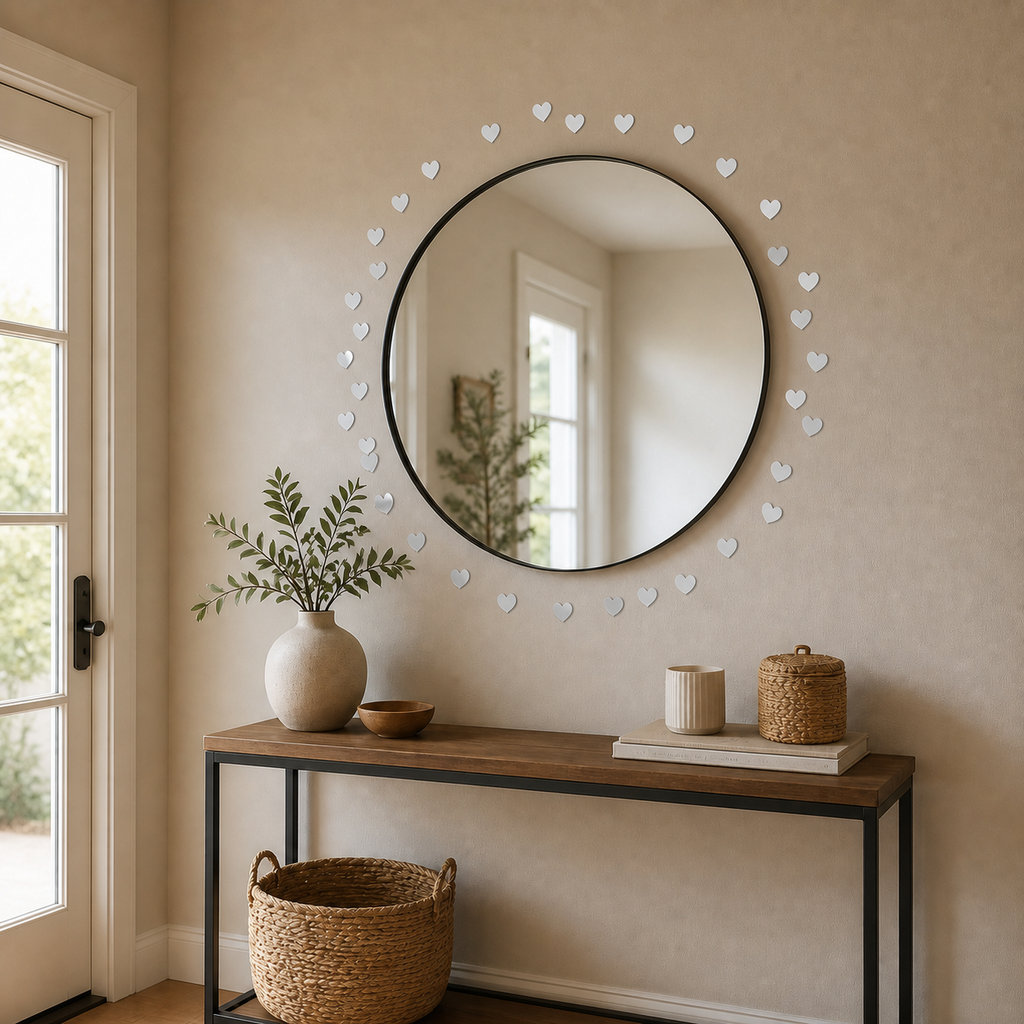 Small frameless silver heart mirror stickers arranged around an entryway mirror