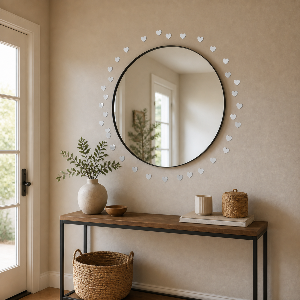 Small frameless silver heart mirror stickers arranged around an entryway mirror