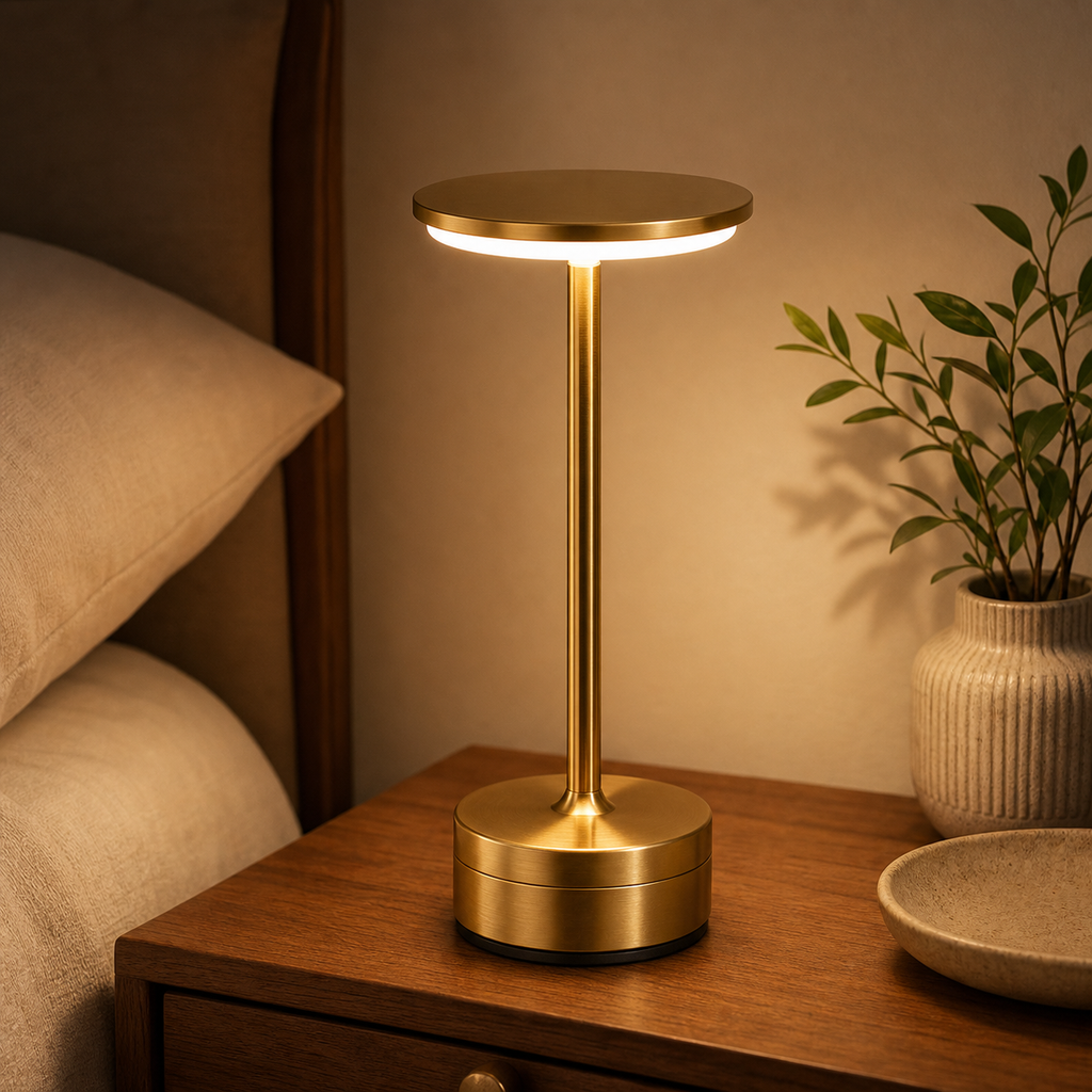 Cozy Haven Gold Cordless LED Table Lamp in a warm bedside setting