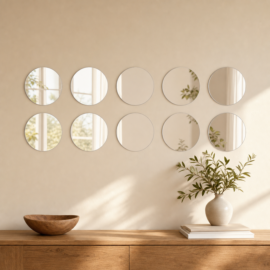 Ten identical round acrylic mirror wall stickers arranged above a console table