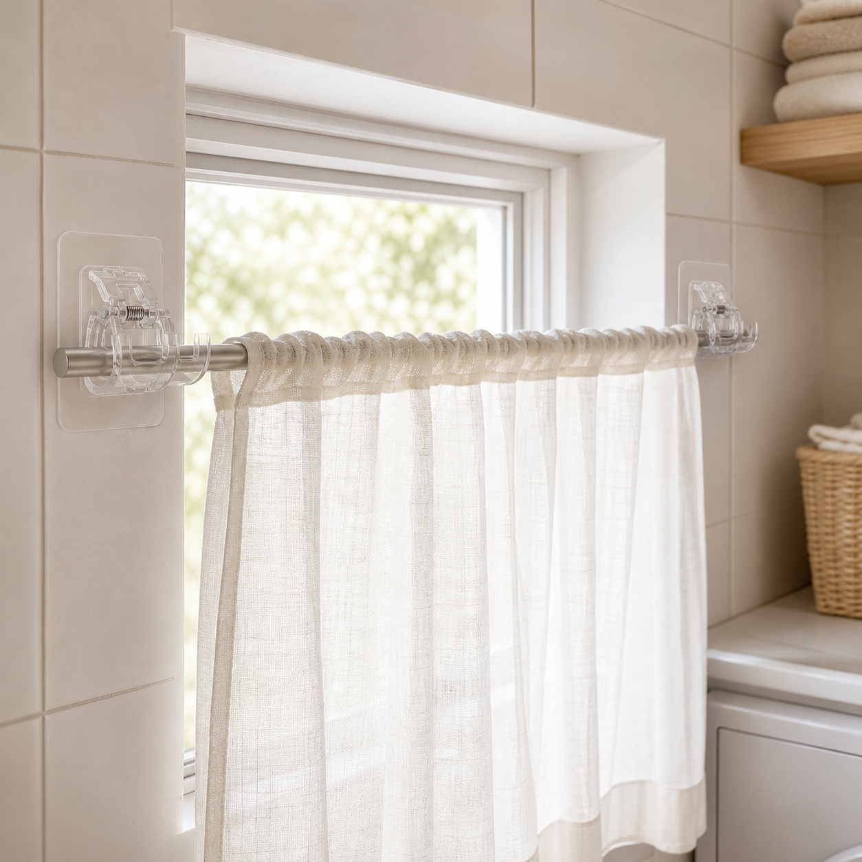Transparent adhesive clamps supporting a slim silver rod and lightweight cafe curtain