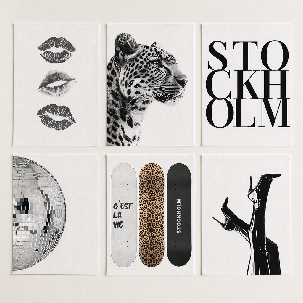 Six loose unframed canvas print sheets shown in a complete product flat lay