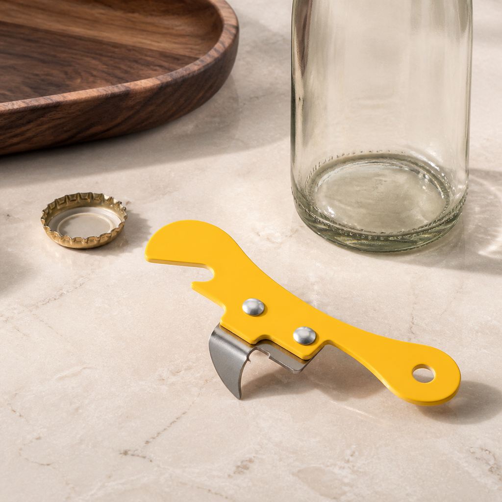 Yellow manual can and bottle opener beside a glass bottle and removed crown cap