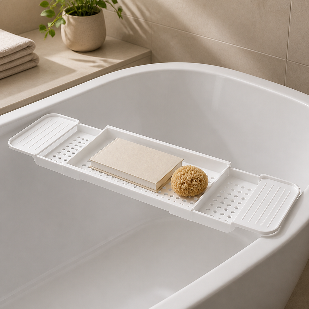 Matte white three-piece bathtub bridge tray styled with a book and bath sponge in a bright bathroom