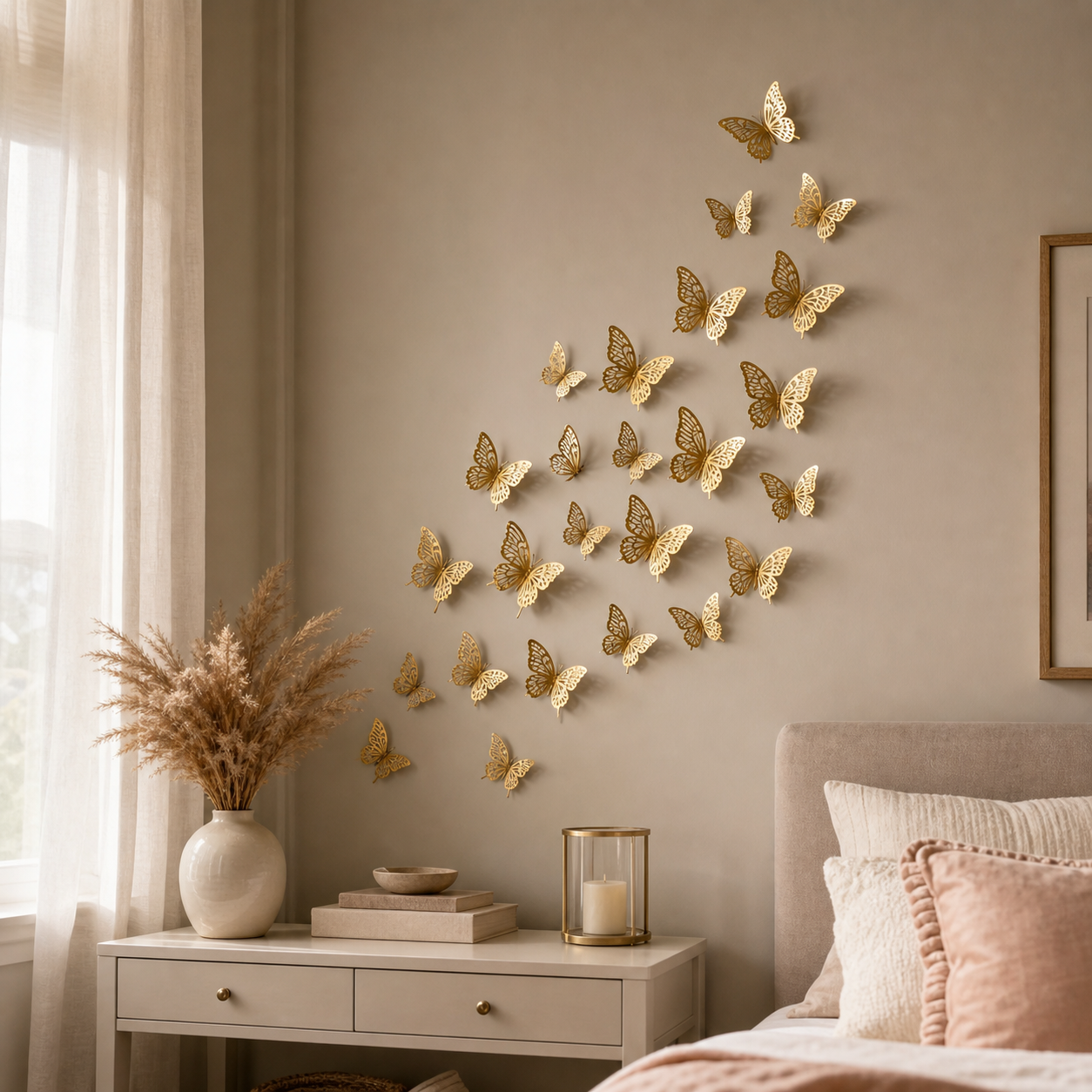 Cozy Haven 24-Piece Gold 3D Butterfly Wall Sticker Set styled wall decor view 3