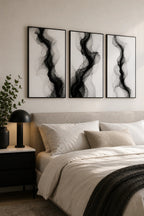 Cozy Haven Minimalist Abstract Bedroom Wall Art Prints set of three in black and white above a bed