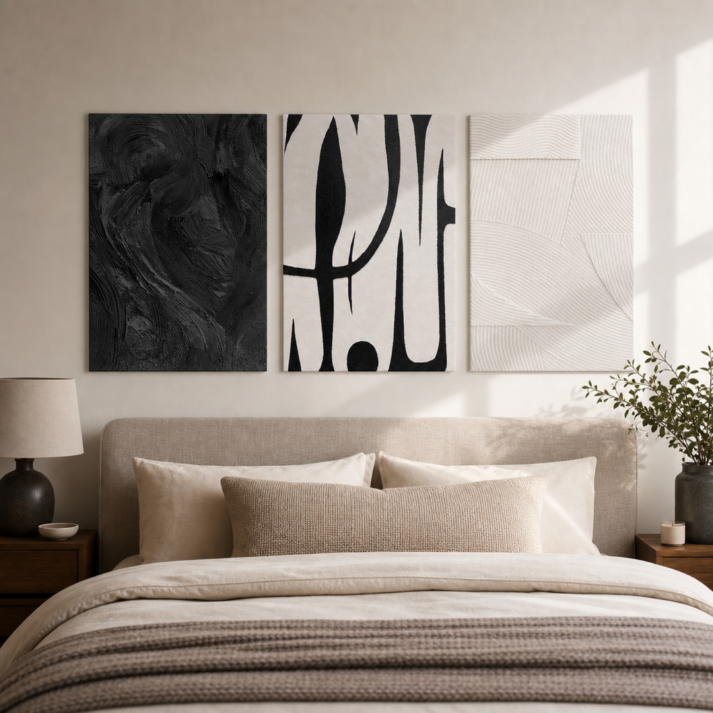 Minimalist black and white abstract canvas set of three displayed unframed above a warm neutral bed