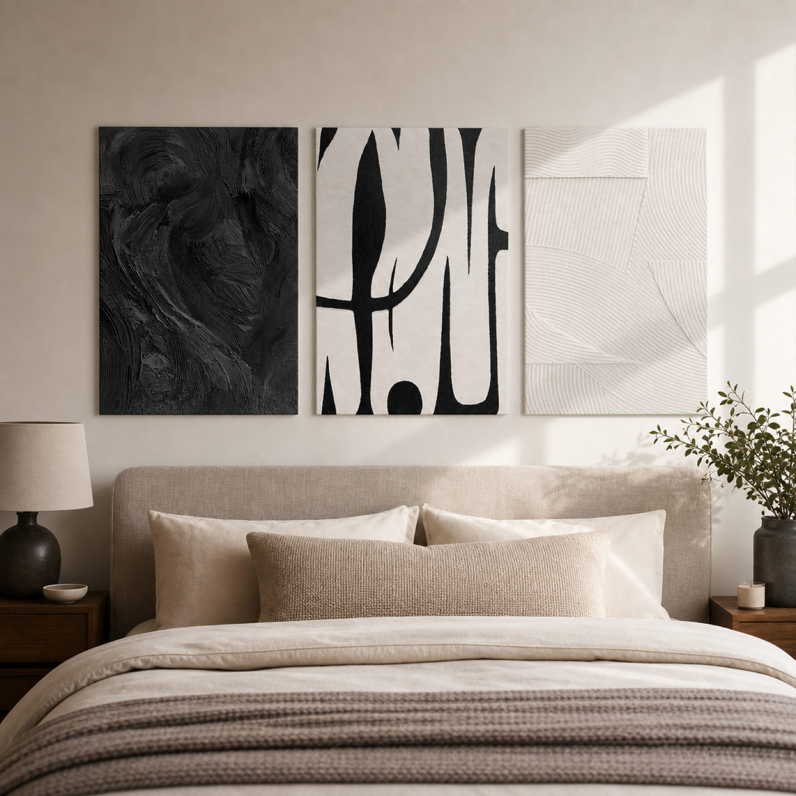 Minimalist black and white abstract canvas set of three displayed unframed above a warm neutral bed