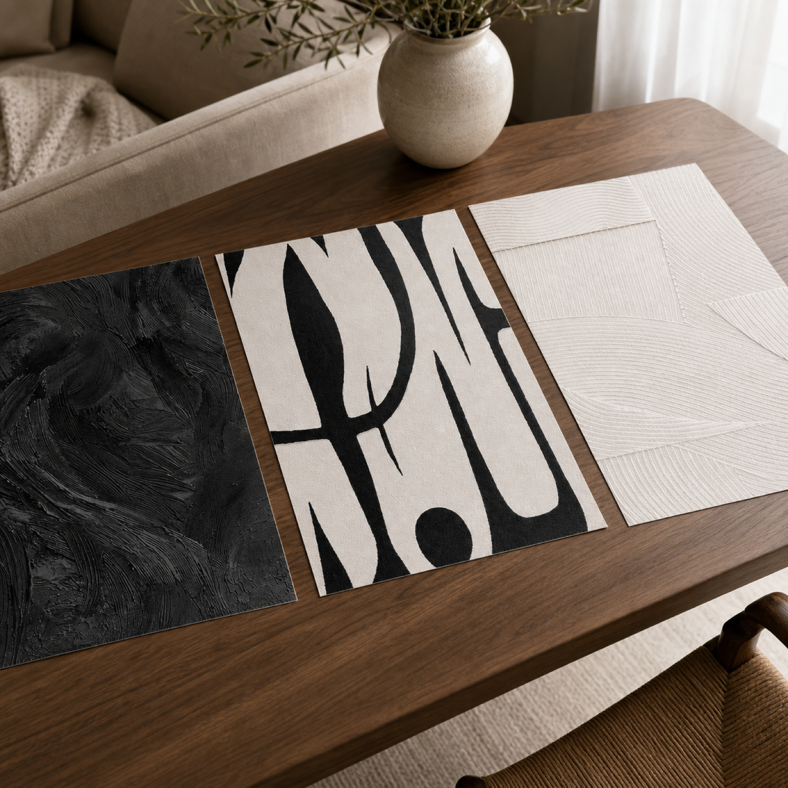 Close view of three unframed abstract canvas prints showing black brushwork and pale line textures