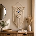 Cozy Haven Evil Eye Macrame Wall Hanging above console table