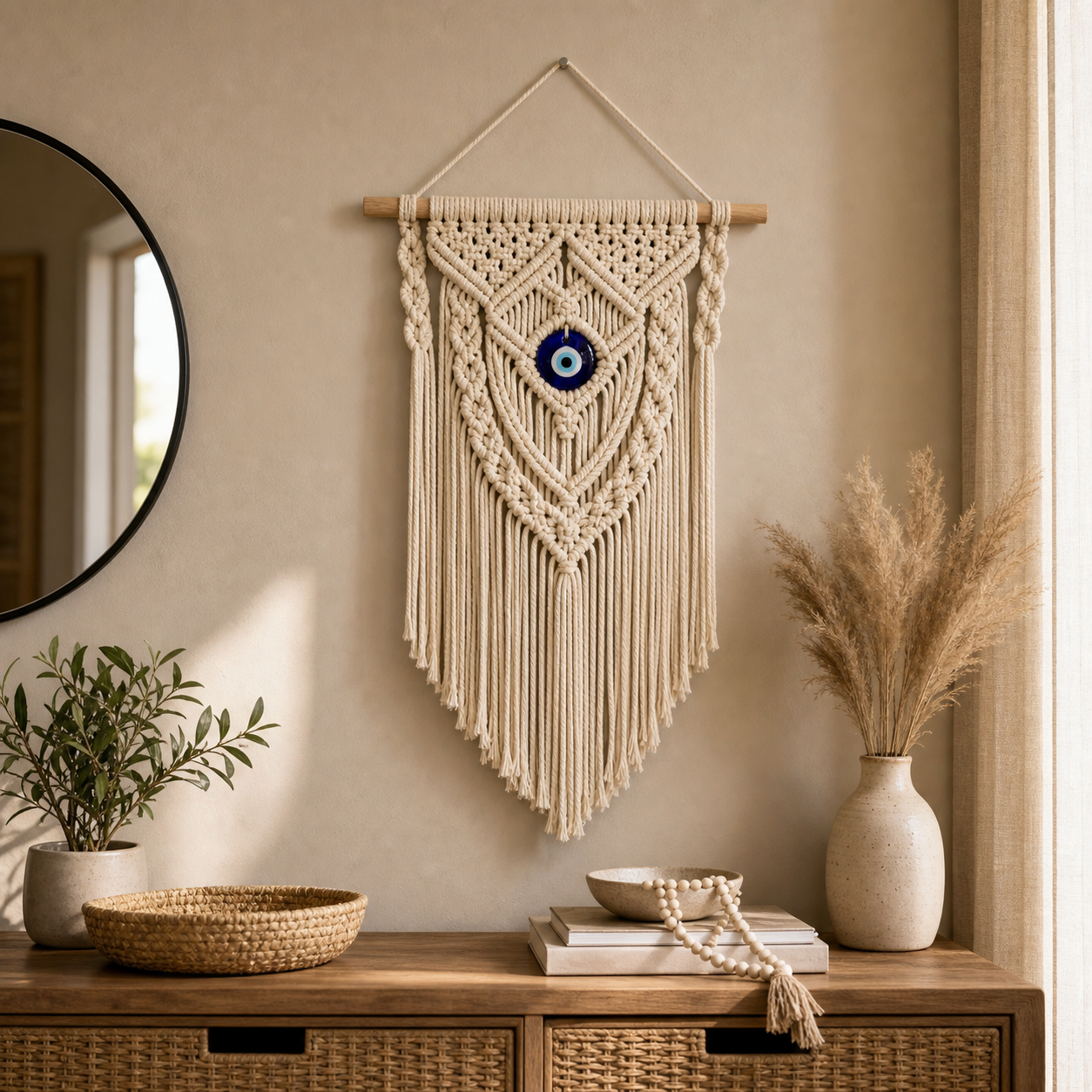 Cozy Haven Evil Eye Macrame Wall Hanging above console table