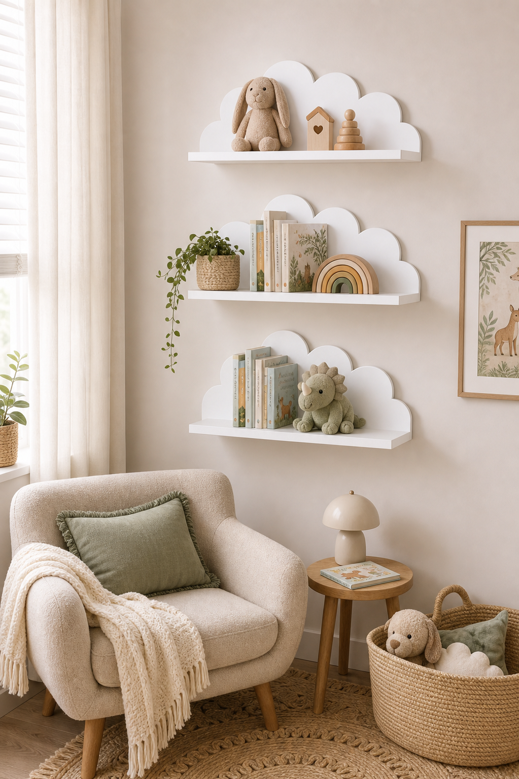 Cozy Haven 3-piece white cloud wall shelf set in a nursery lifestyle scene