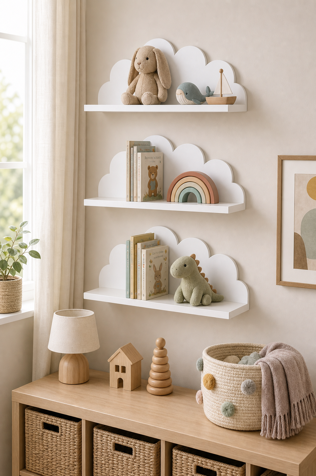 Cozy Haven 3-piece white cloud wall shelf set in a nursery lifestyle scene