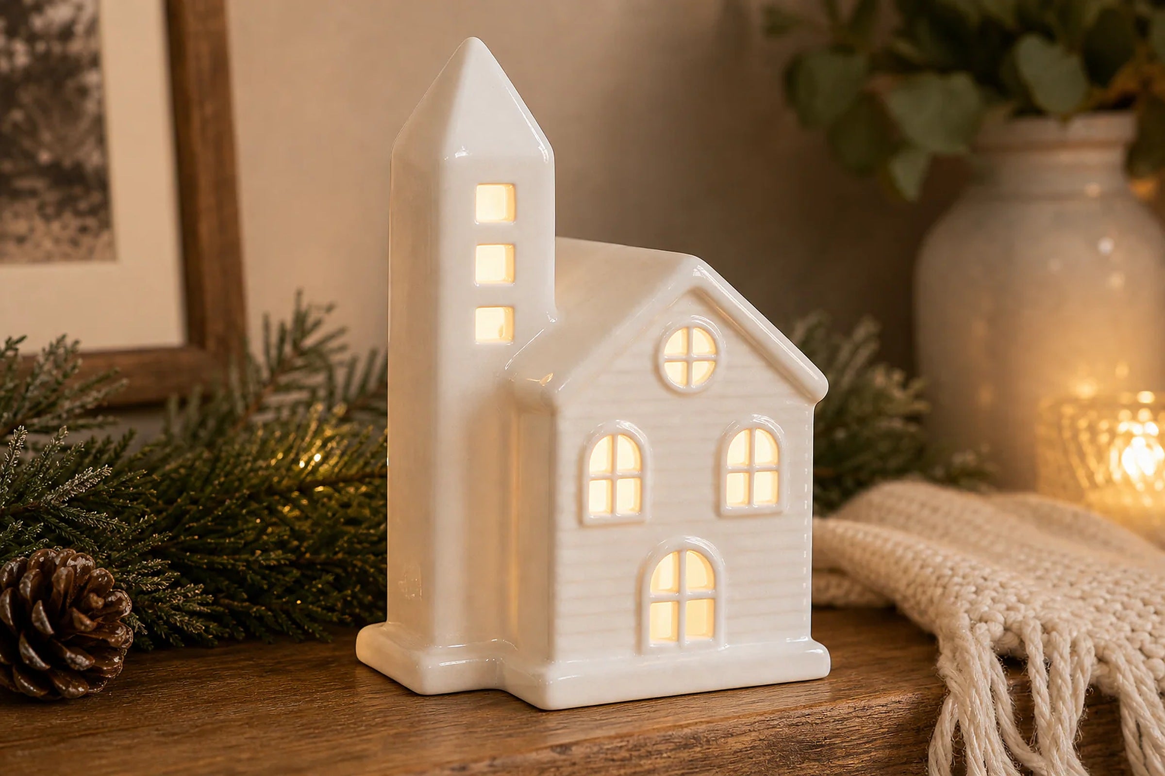 Cozy Haven LED Ceramic Holiday Village Collection lifestyle image 6 for White Steeple House