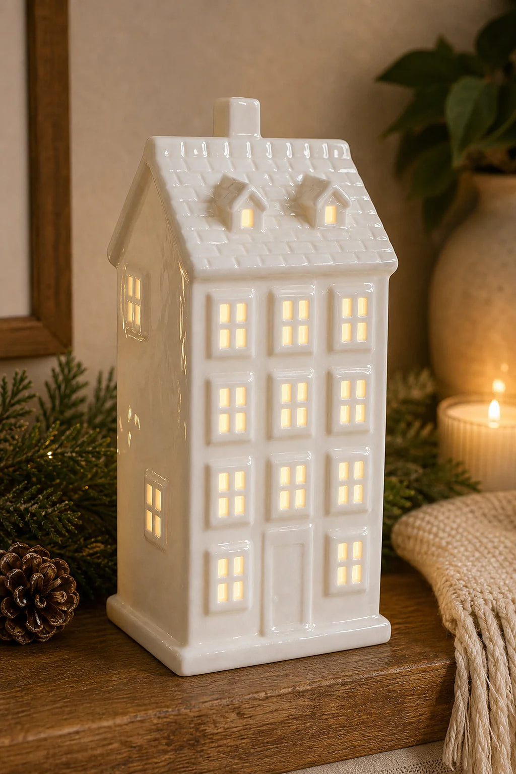 Cozy Haven LED Ceramic Holiday Village Collection lifestyle image 8 for Tall White Townhouse