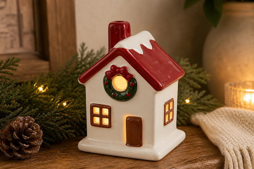 Cozy Haven LED Ceramic Holiday Village Collection lifestyle image 9 for Wreath Cottage
