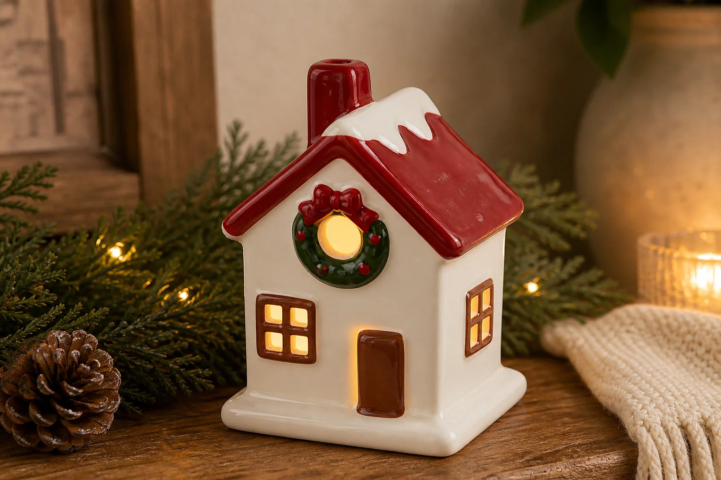 Cozy Haven LED Ceramic Holiday Village Collection lifestyle image 9 for Wreath Cottage