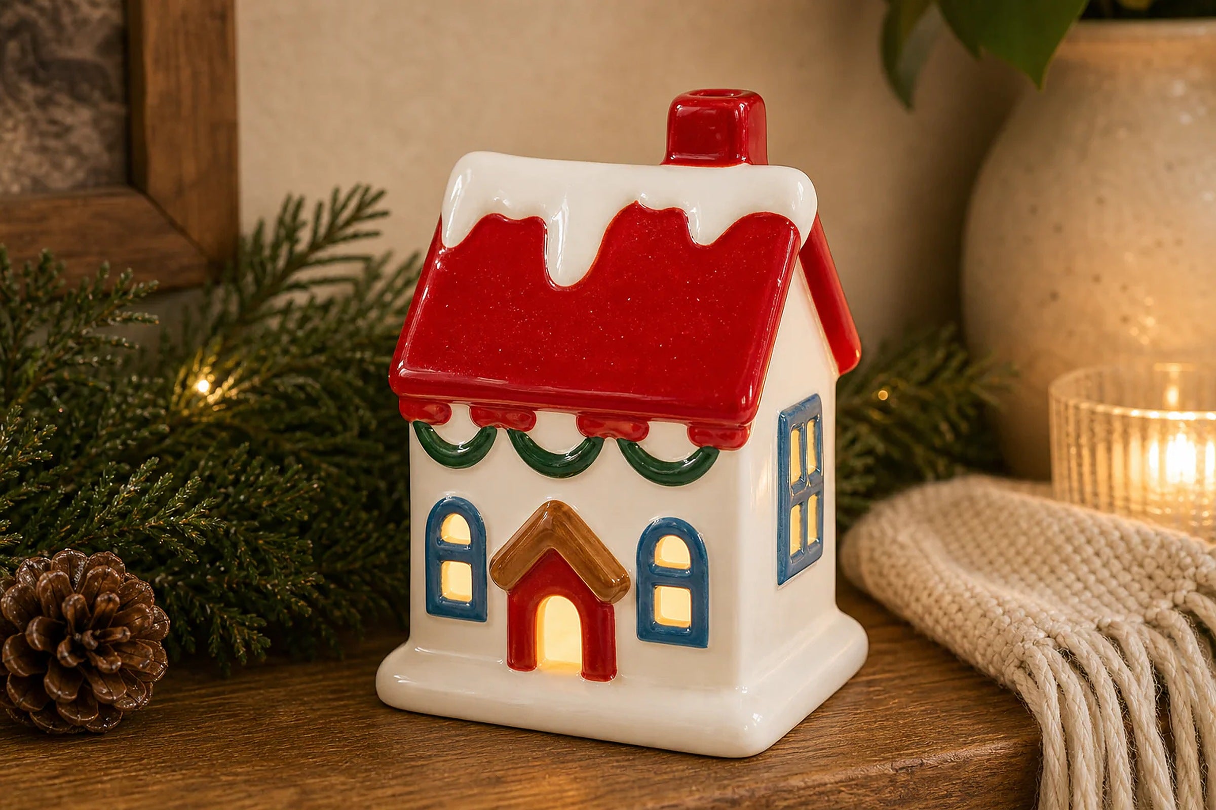 Cozy Haven LED Ceramic Holiday Village Collection lifestyle image 10 for Blue-Trim Cottage