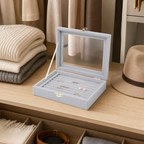 Cozy Haven gray velvet jewelry display box on closet shelf