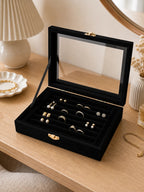 Cozy Haven black velvet jewelry display box with glass lid on vanity