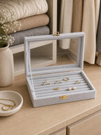 Cozy Haven gray velvet ring display box with soft vanity styling