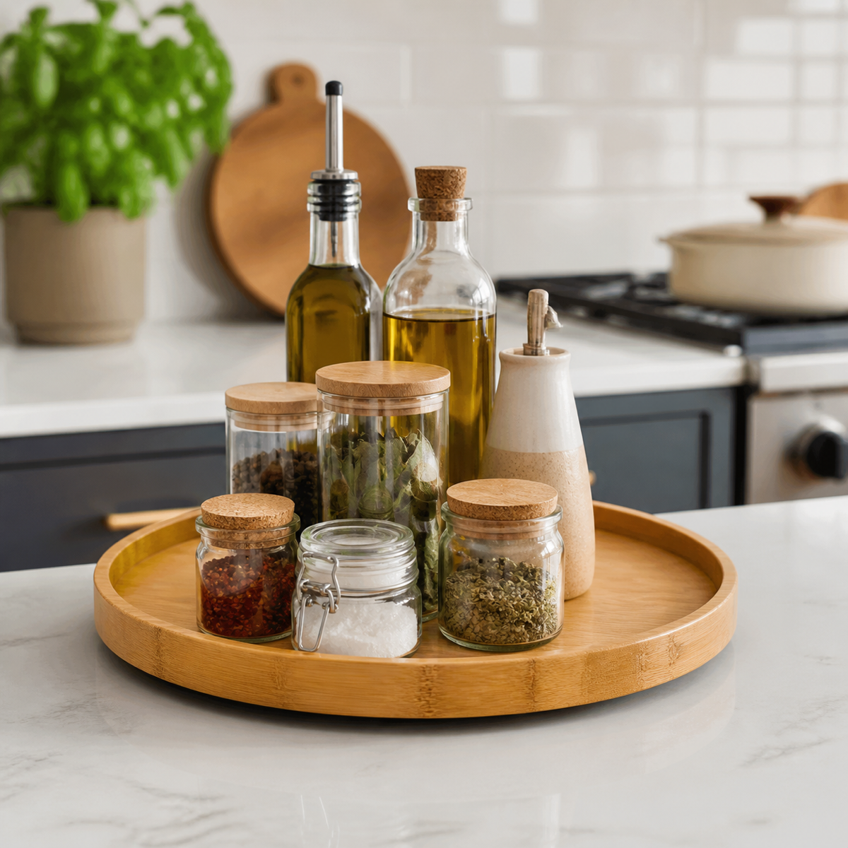 Cozy Haven bamboo rotating spice tray on a kitchen counter