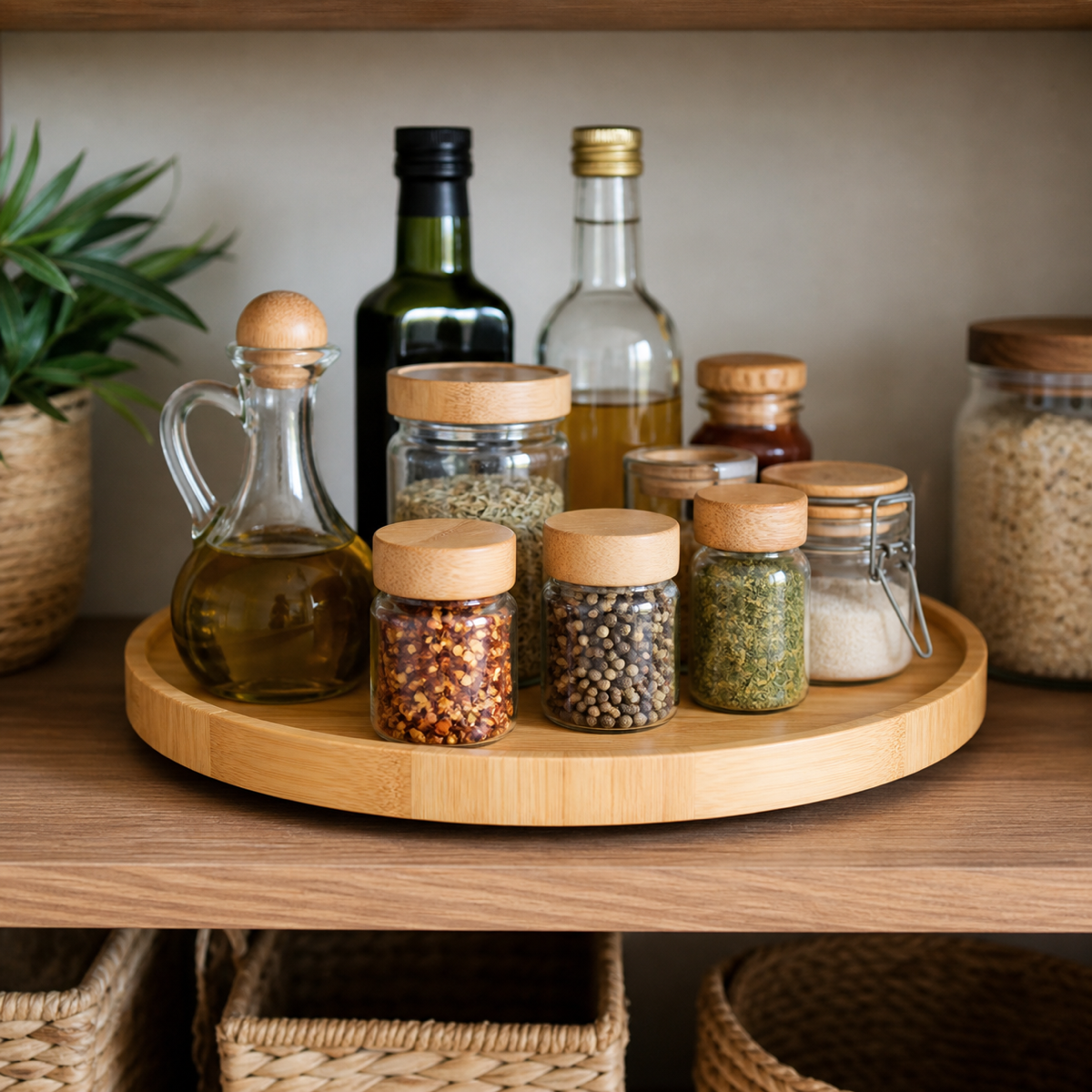 Cozy Haven bamboo rotating spice tray on a pantry shelf