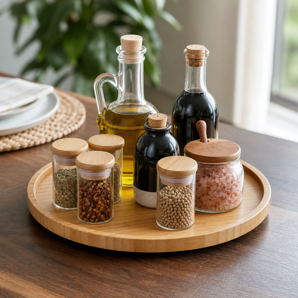Cozy Haven bamboo rotating spice tray tabletop close-up