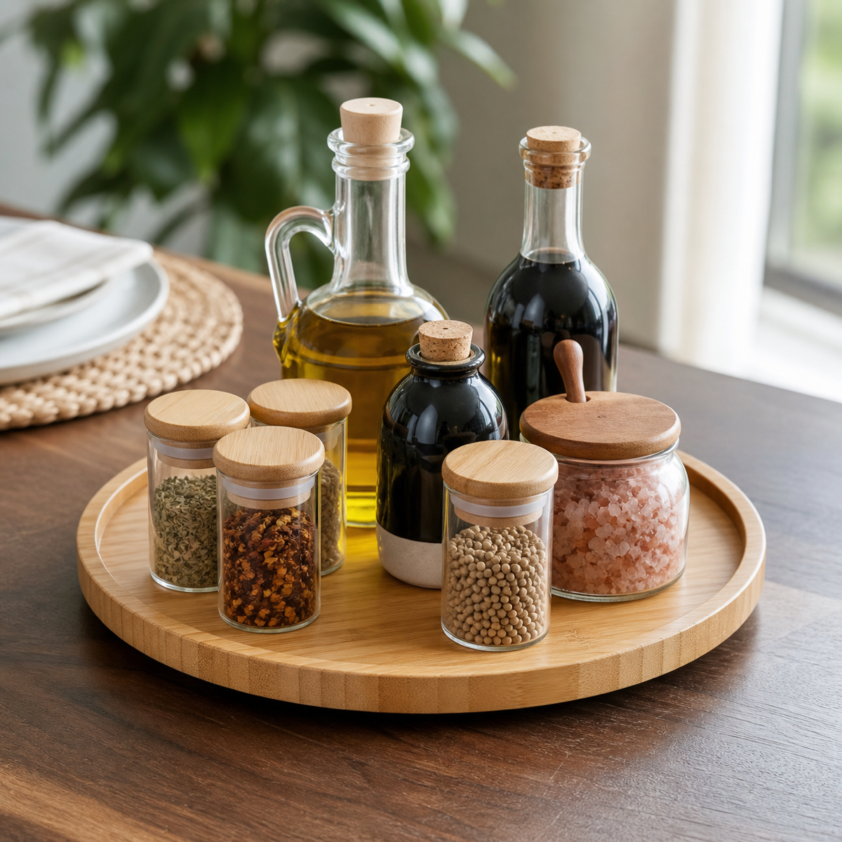 Cozy Haven bamboo rotating spice tray tabletop close-up