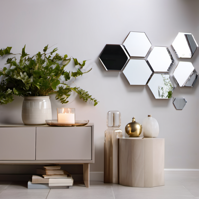 Cozy Haven lifestyle image for Cozy Haven Hexagon Mirror Wall Tiles Set - 12 Pack Geometric Acrylic Reflective Decor Stickers - Living Room & Bedroom