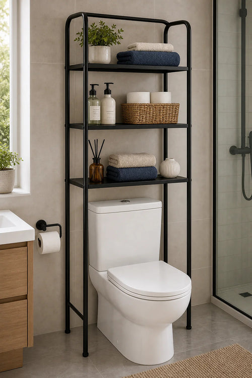 Cozy Haven Black 3-Tier Over-Toilet Storage Rack styled bathroom view 1